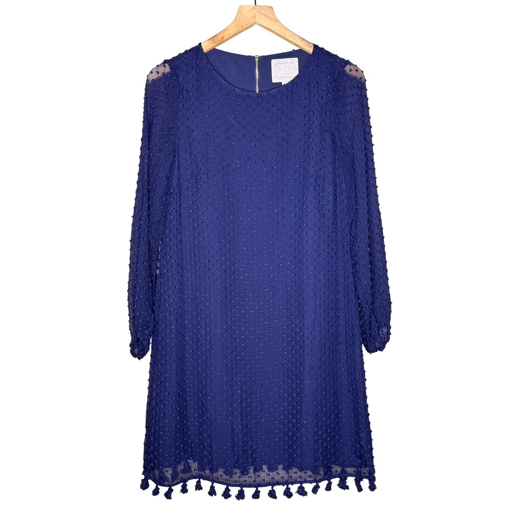 Sail to Sable Navy Blue Swiss Dot Tassel Hem Shift Dress Size 4 Long Sleeve